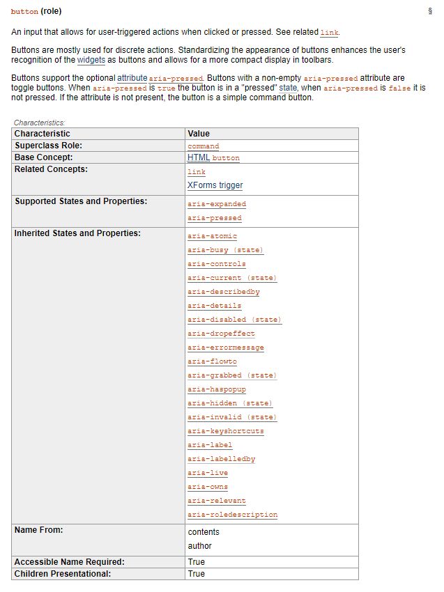 Screenshot: the complete definition for the 'button' role in ARIA 1.1, listing - among other things - its 'Supported States and Properties' and 'Inherited States and Properties'