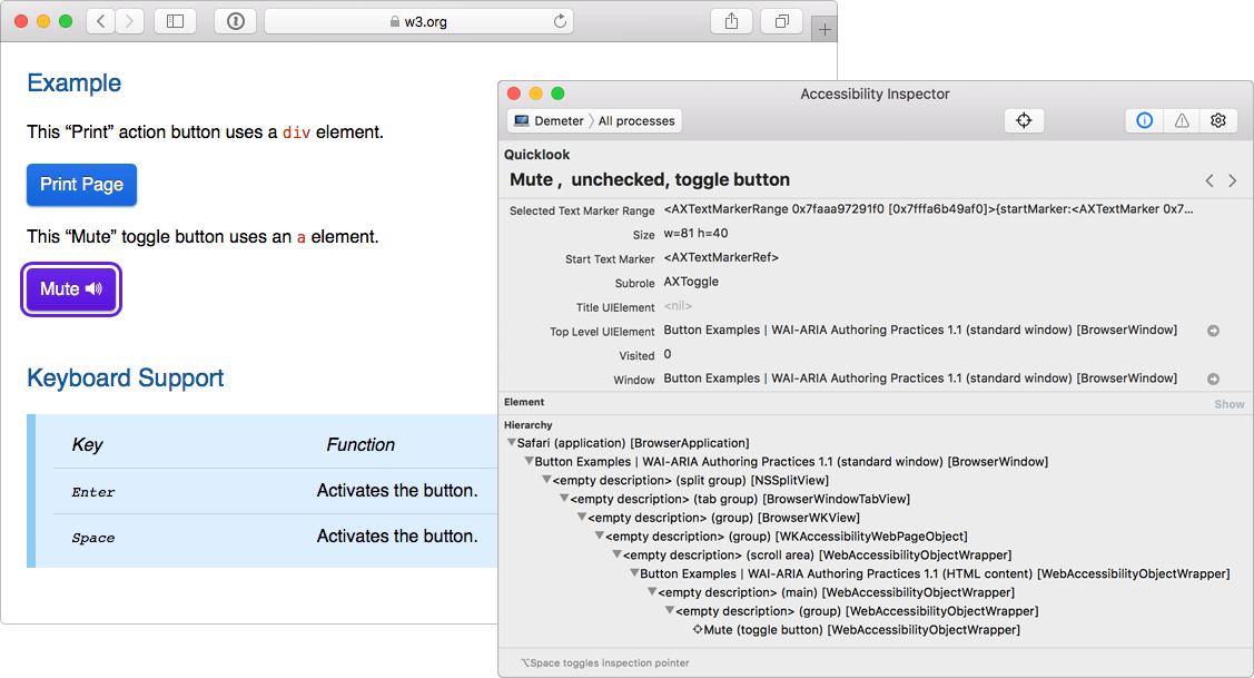 Xcode's Accessibility Inspector, showing accessibility tree/attributes for a selected element in Chrome