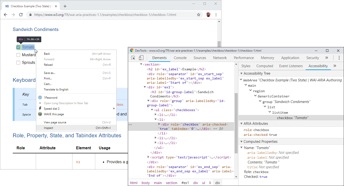 Chrome DevTools' accessibility panel, showing the accessibility tree and accessibility properties - exposed by Chrome to the platform/OS accessibility API - of an element in a page