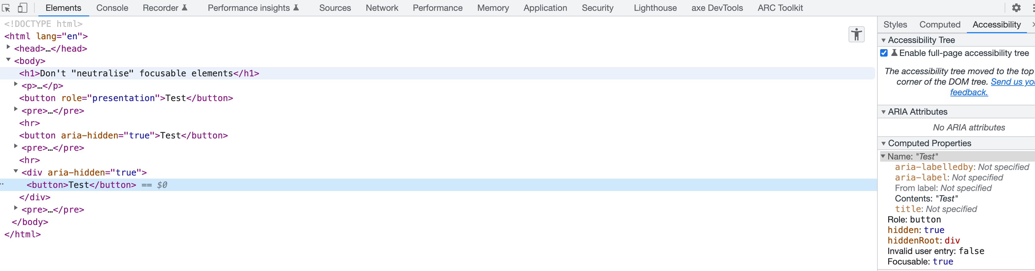 Screenshot of Chrome Developer Tools' accessibility panel, showing how aria-hidden elements, and elements whose ancestor is aria-hidden, are denoted