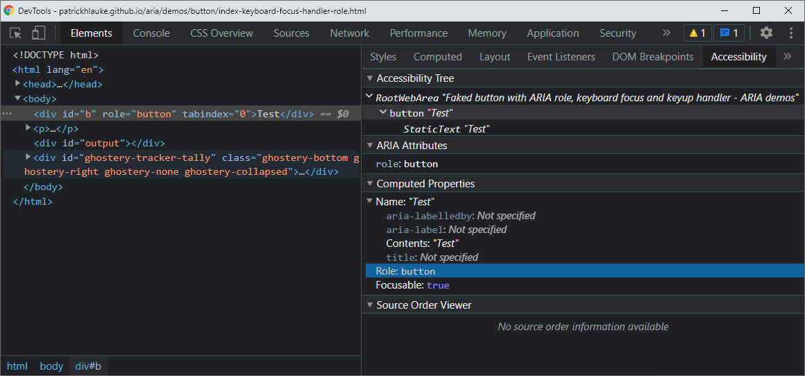 Chrome Developer Tools' accessibility panel, showing that a faked button using a 'div', but with correct role=button, is exposed the same way as a native HTML 'button' element