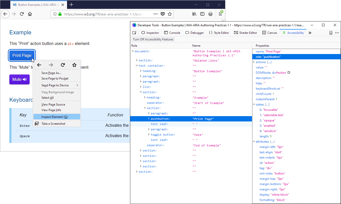 Firefox Accessibility Inspector panel in Firefox Developer Tools, showing the accessibility tree and accessibility properties - exposed by Firefox to the platform/OS accessibility API - of an element in a page