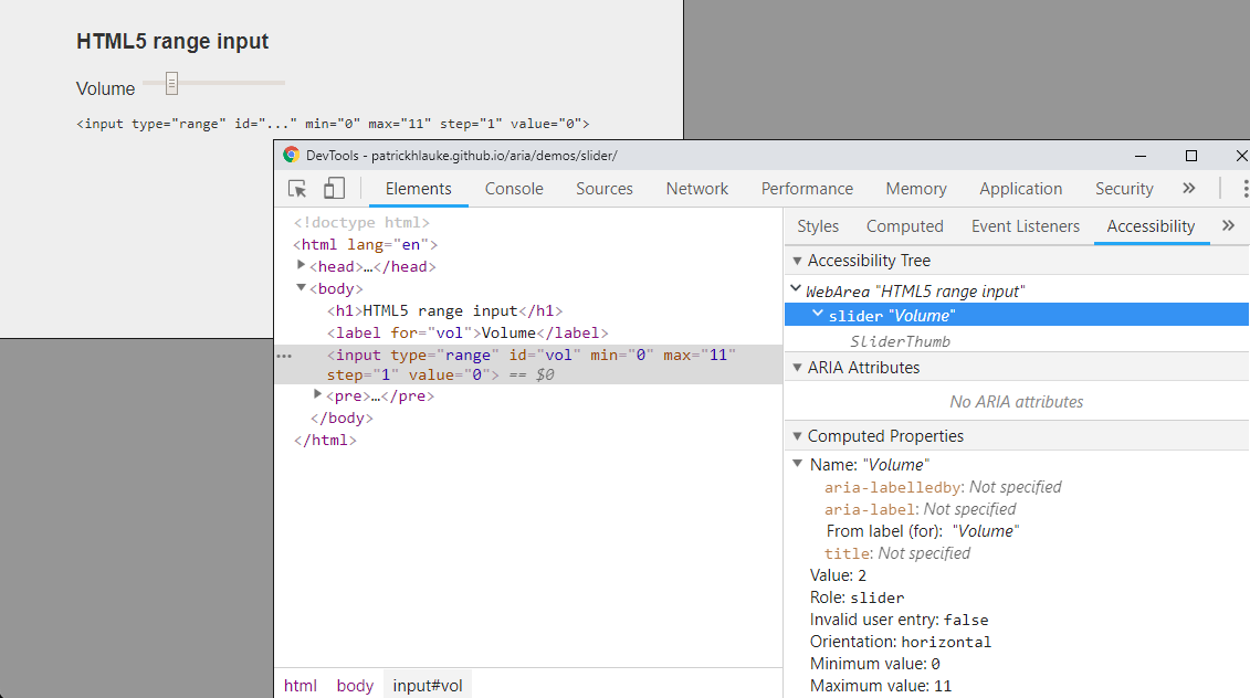 Using Chrome DevTools' accessibility panel we see that a native HTML5 input with type='range' is exposed correctly as a 'slider'