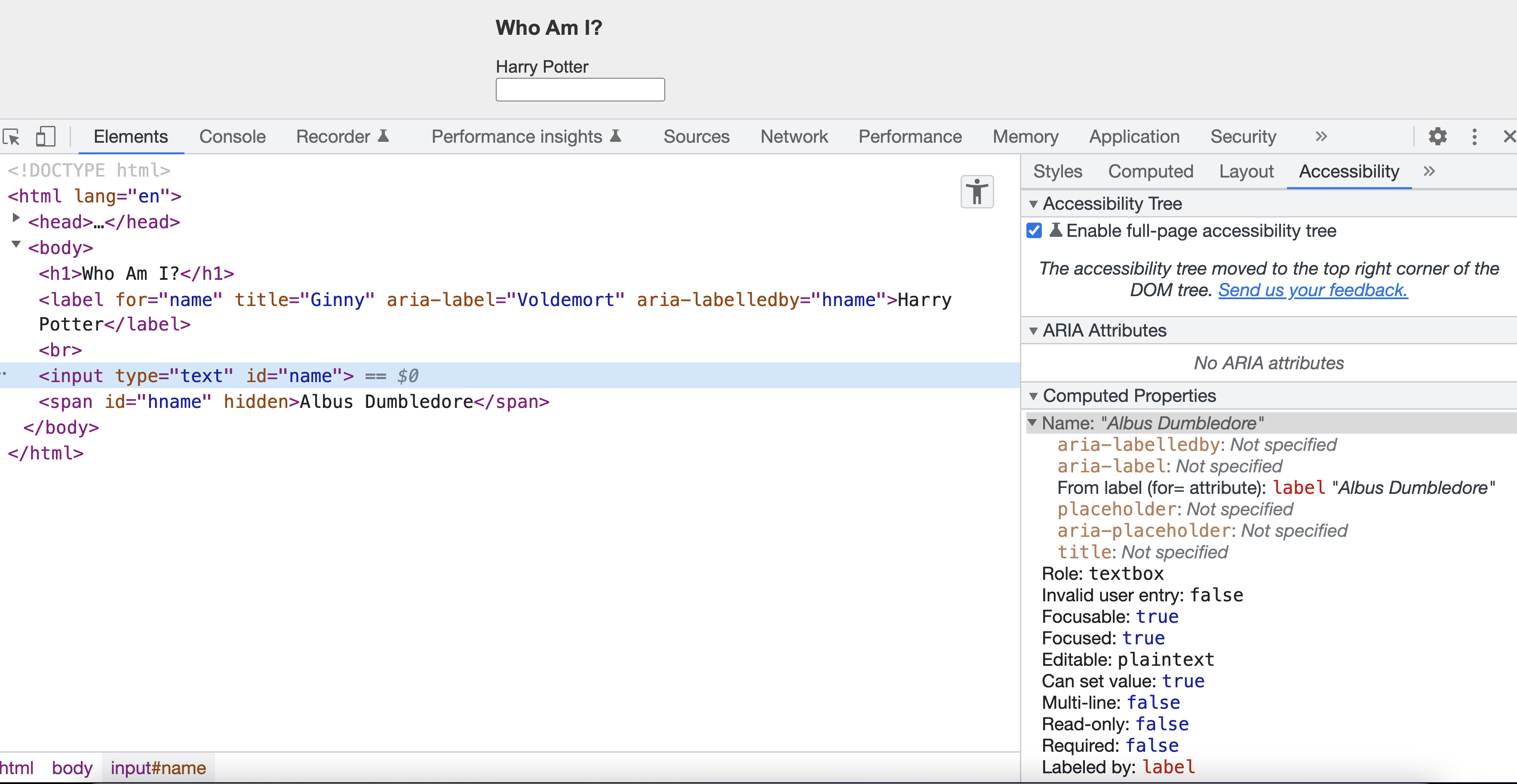 Quiz answer when an input contains all of labelling attributes